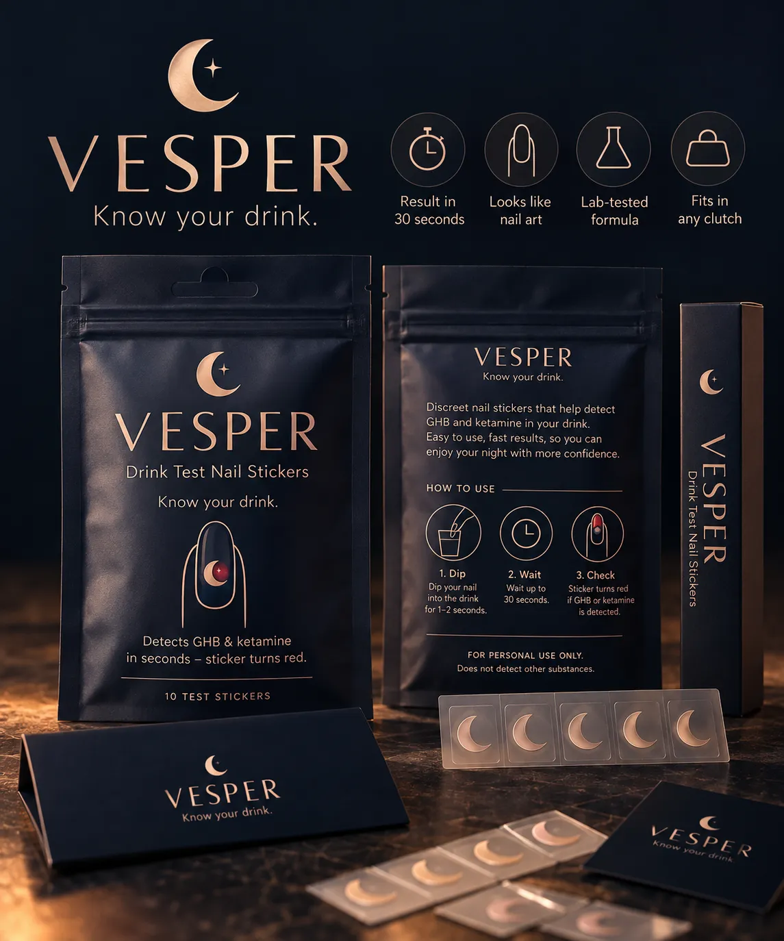 The Vesper range: pouch front and back, gift box, and sheets of crescent stickers on dark marble